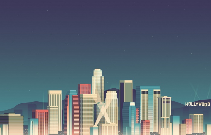 Los Angeles cityscape with Hollywood sign at night