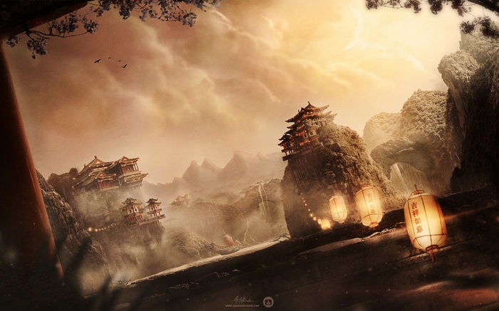 Fantasy Asian temples on misty mountains with lanterns