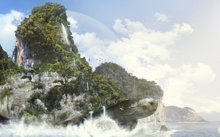 Giant turtle island with waterfalls and a planet in the sky