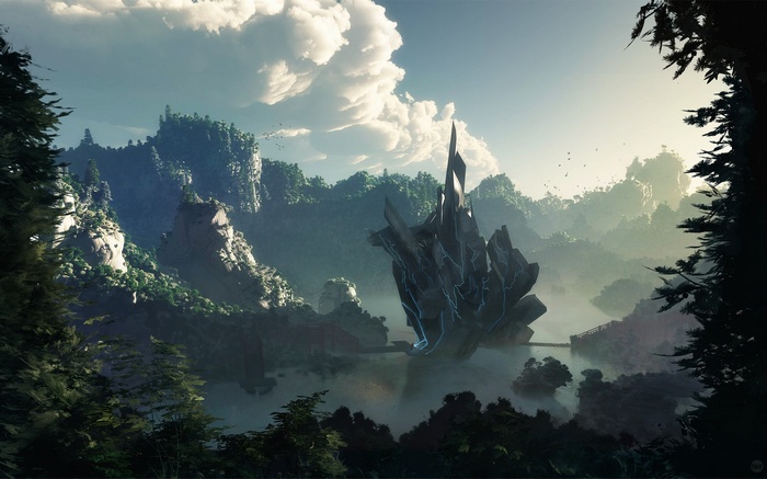 Fantasy landscape with futuristic crystal structure