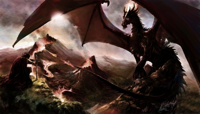 Dragon and knight in a mountainous landscape
