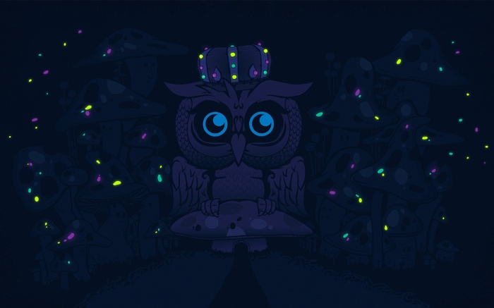 Fantasy owl with glowing mushrooms and fireflies