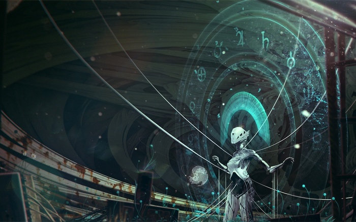 Robot in a futuristic landscape with celestial symbols