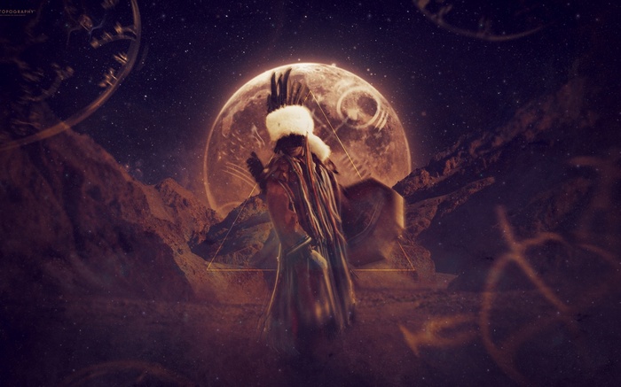 Native American figure in a cosmic landscape with a large moon