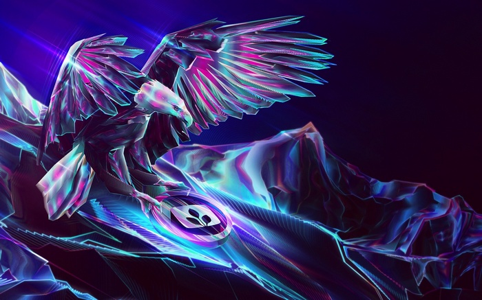 Digital art eagle with cryptocurrency logo on mountain