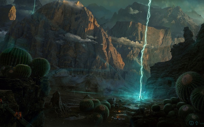 Fantasy landscape with lightning strike and cacti