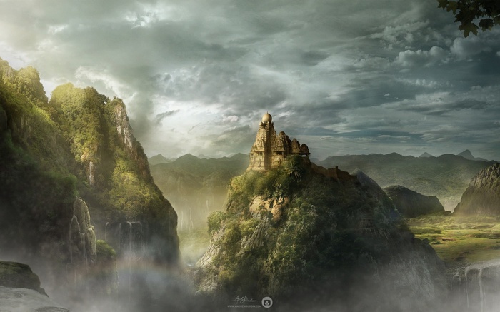 Fantasy landscape with ancient temple on a mountain