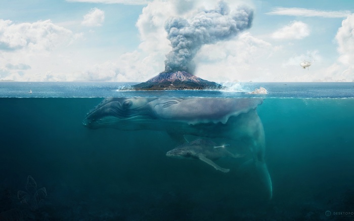 Whale and volcano split view digital art