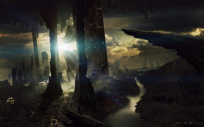 Futuristic Cityscape with a River and Mountains