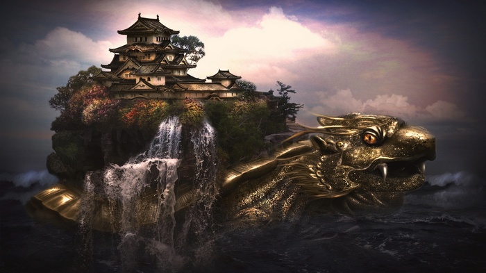 Fantasy Lion Turtle with Japanese Castle and Waterfall