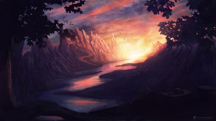 Fantasy landscape with castle and river at sunset