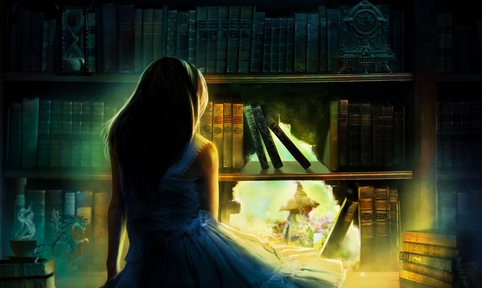 Fantasy girl in a library looking at a magical world