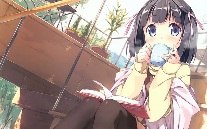 Shiomiya Shiori drinking from a mug and reading