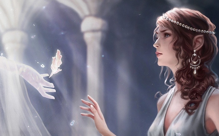 Fantasy artwork of an elf receiving a feather