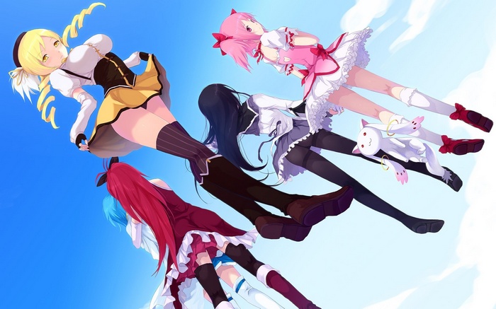 Mahou Shoujo Madoka Magica Girls Flying in Sky