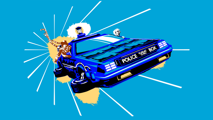 time travel DeLorean Tom Baker artwork TV The Doctor Doctor Who Back to the Future science fiction crossover TARDIS