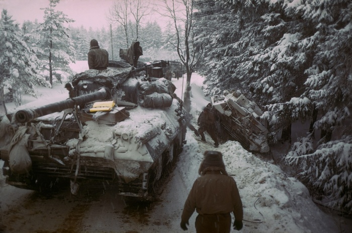 Tanks in a snowy forest during World War II