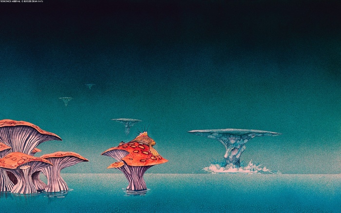 Fantasy landscape with mushrooms and floating islands by Roger Dean