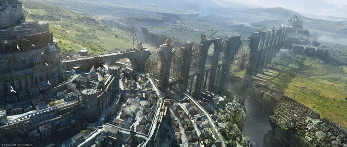 Fantasy city with a massive wall and bridge