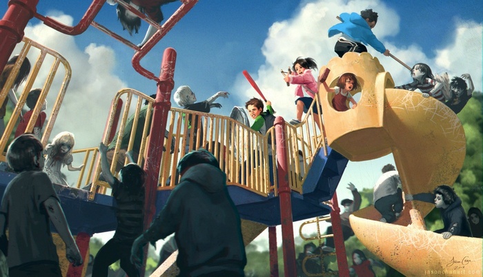Left 4 Dead 2 survivors fight zombies on a playground