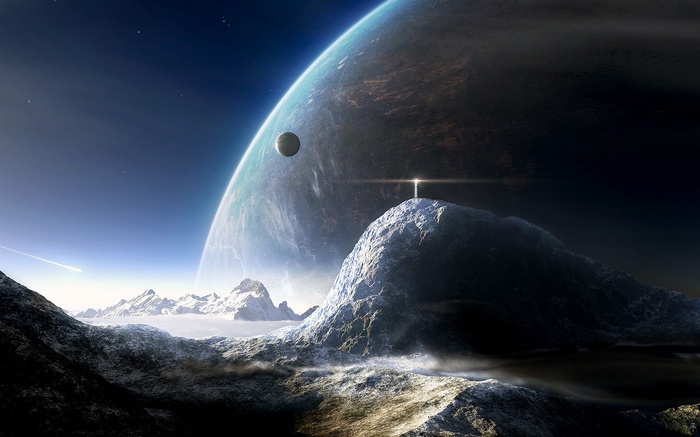 Alien planet with a large planet and moon in the sky