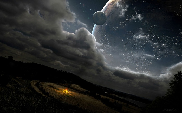 Space art with a planet and moon over a landscape