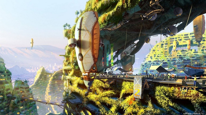 Futuristic city built on mountains with airships