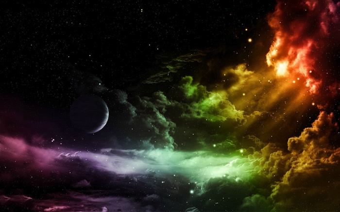 Colorful space clouds with a planet