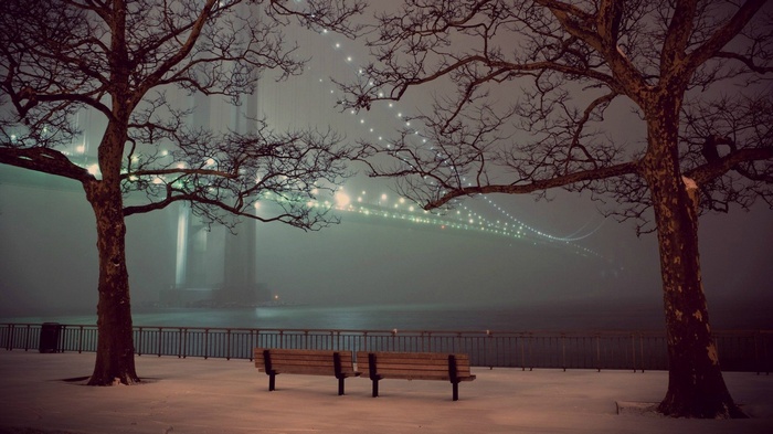 New York City bridge in fog with trees and benches