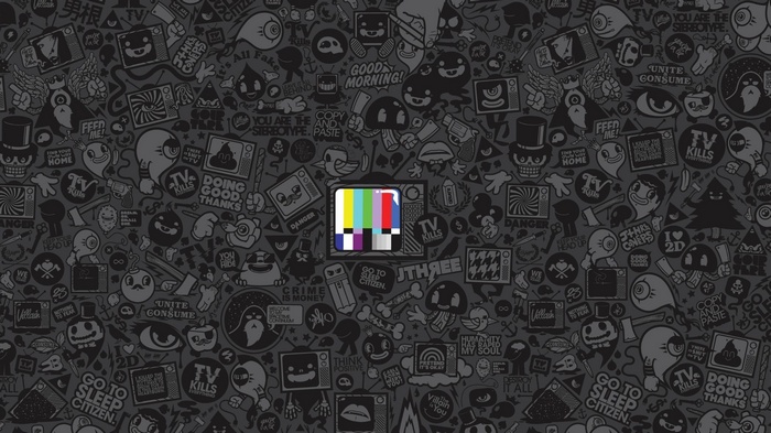 Artwork with television sets and test patterns by Jared Nickerson
