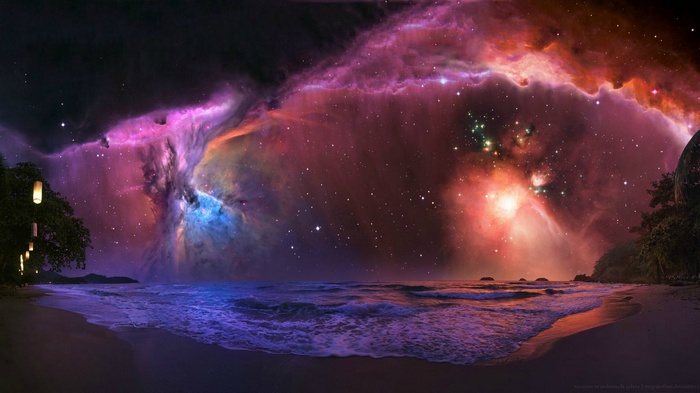 Beach scene with a colorful nebula in the night sky