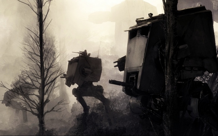 Star Wars AT-ST walkers in a misty forest