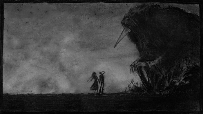 Fantasy art of a giant creature and two people
