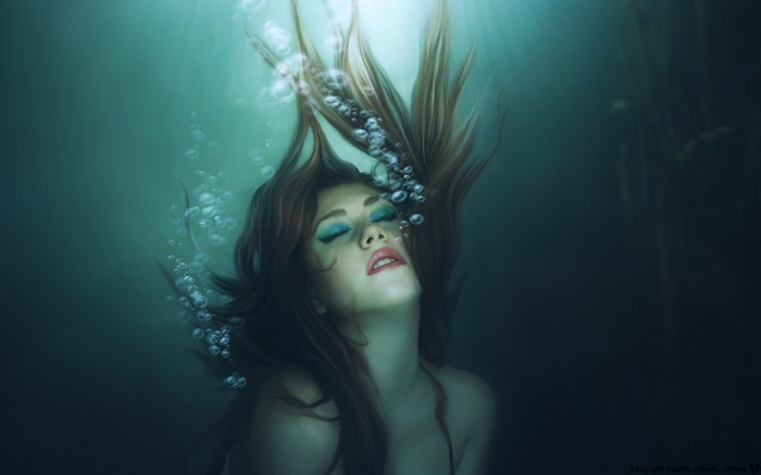 Fantasy art of a woman underwater with bubbles