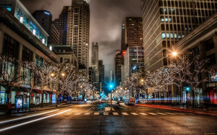 Street in Michigan at Night with City Lights