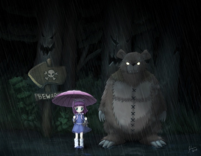 Girl with Umbrella and Bear in a Spooky Forest