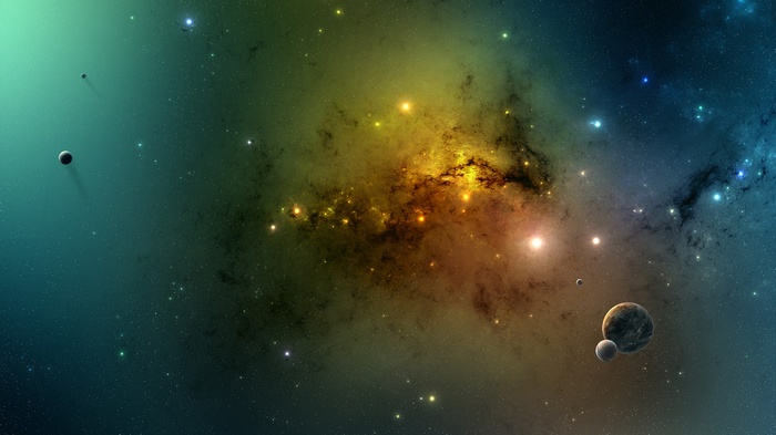 Digital art of a colorful nebula with planets and stars