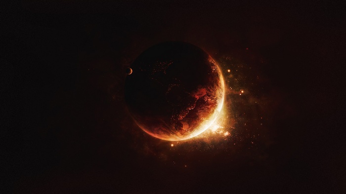 Planet and moon in space with glowing nebula