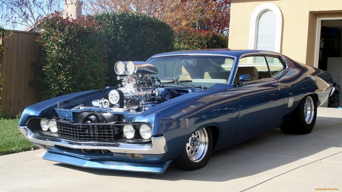 Blue Ford Torino with Supercharger