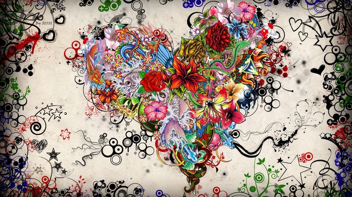 Heart shape made of colorful flowers and abstract designs