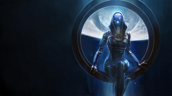 Tali'Zorah from Mass Effect sitting in a circular frame