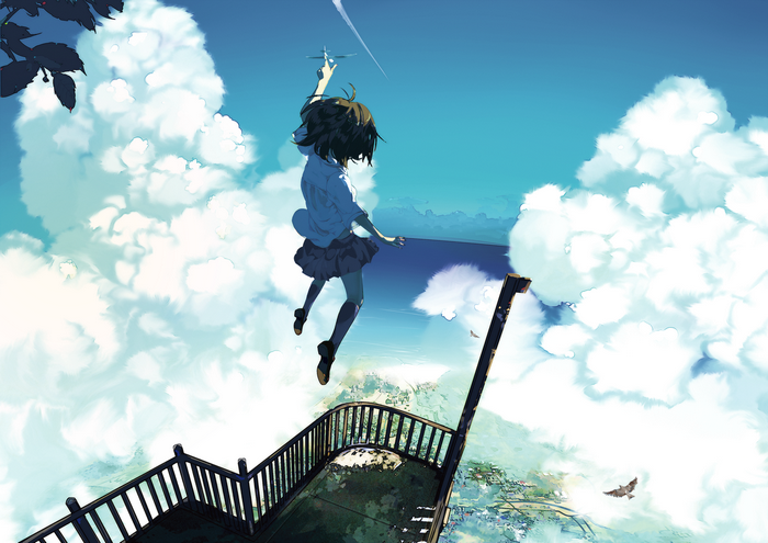 Anime girl jumping from a balcony into the sky