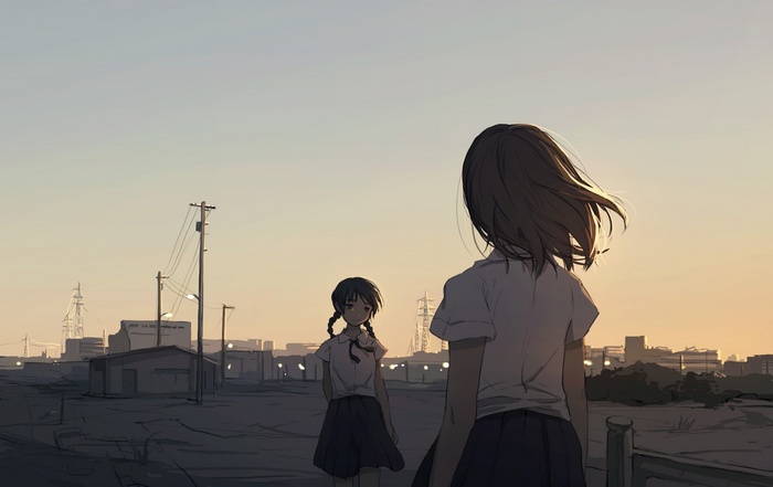 Two anime girls in school uniforms in a desolate town