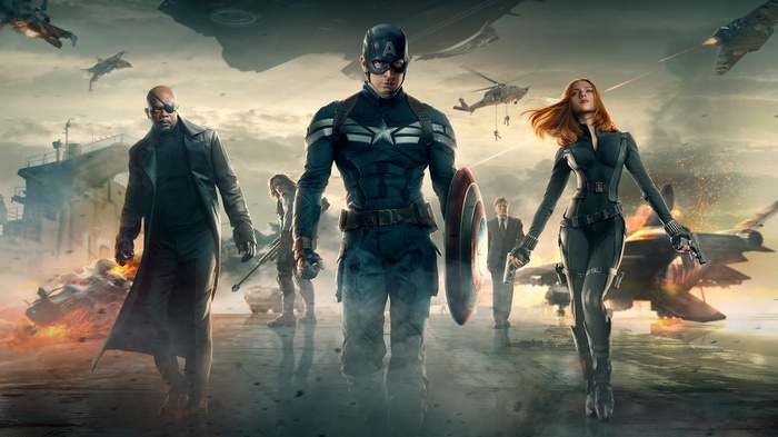 Captain America, Black Widow, and Nick Fury in battle