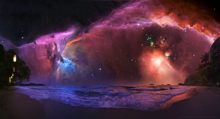 Beach with Nebula and Stars Over the Ocean