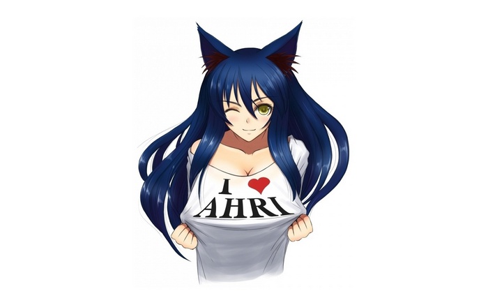 Anime girl with blue hair wearing 'I love Ahri' shirt