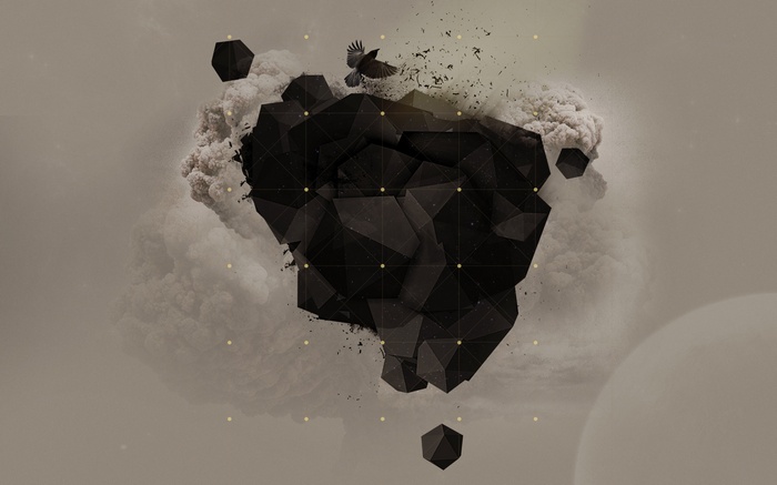 Abstract geometric shapes and a bird in smoke