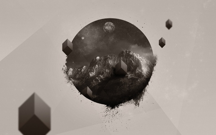 Abstract planet with mountains and floating cubes