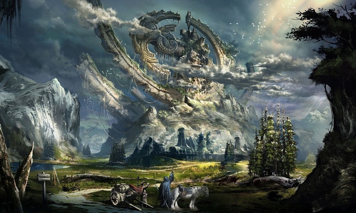Fantasy landscape with ancient ruins and a traveler