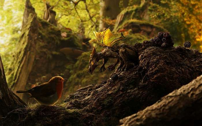 Fantasy art of a robin and a dragon in a forest